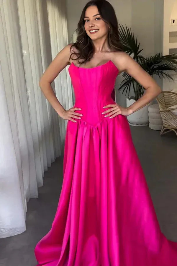 Robe de bal Weitese en satin rose vif, coupe trapèze, sans bretelles, col ras du cou et corset